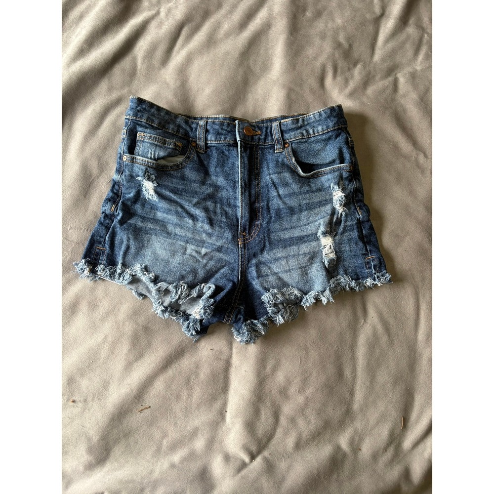 No Boundaries Womens High Rise Distressed Denim Jean Shorts Blue Size 9